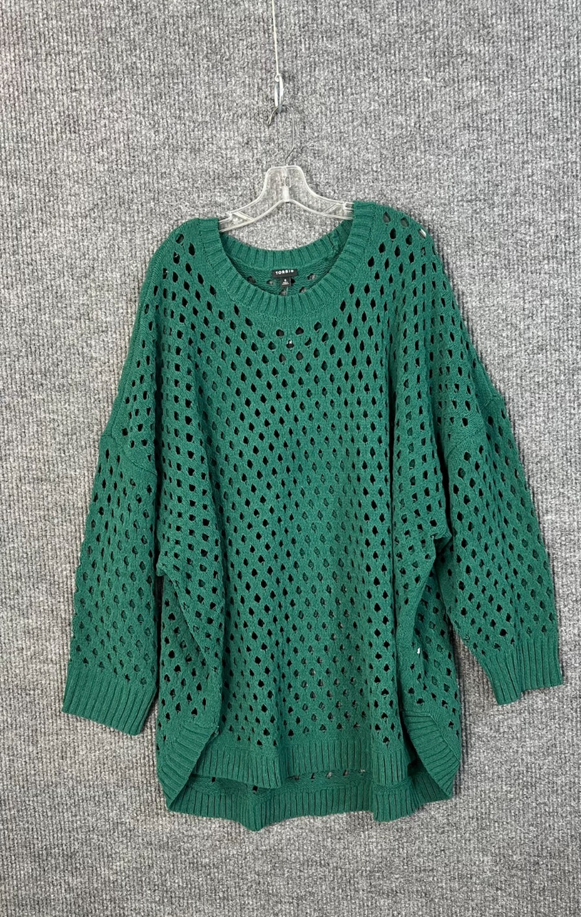 Torrid Sweater Womens Plus 6X Green Open Stitch Pullover Crew Neck Cozy Fall